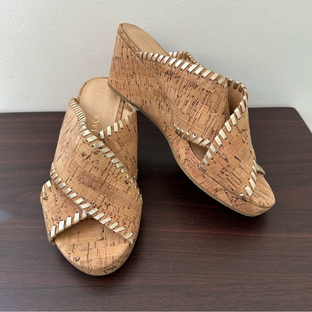 Jack Rogers Cork Wedge Sandals with Cream Stitching